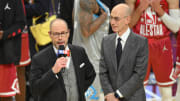 Feb 20, 2022; Cleveland, Ohio, USA; TBS announcer Ernie Johnson with NBA commissioner Adam Silver after Team LeBron defeated Team Durant in the 2022 NBA All-Star Game at Rocket Mortgage FieldHouse. Mandatory Credit: David Richard-USA TODAY Sports