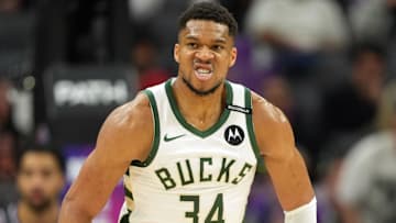 Mar 22, 2025; Sacramento, California, USA; Milwaukee Bucks forward Giannis Antetokounmpo (34) reacts after scoring against the Sacramento Kings during the fourth quarter at Golden 1 Center. Mandatory Credit: Darren Yamashita-Imagn Images