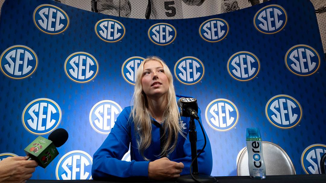 Oct 14, 2025; Birmingham, Alabama, USA; Kentucky player Clara Strack talks to media at SEC Media Day in the Grand Bohemian Hotel.