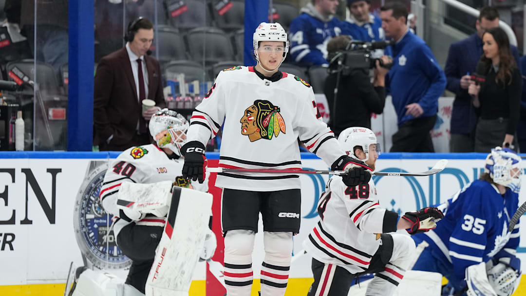 Dec 16, 2025; Toronto, Ontario, CAN; Chicago Blackhawks left wing Nick Lardis (76) skates during the warmup before a game against the Toronto Maple Leafs at Scotiabank Arena. Mandatory Credit: Nick Turchiaro-Imagn Images Dec 16, 2025; Toronto, Ontario, CAN; Chicago Blackhawks left wing Nick Lardis (76) skates during the warmup before a game against the Toronto Maple Leafs at Scotiabank Arena. Mandatory Credit: Nick Turchiaro-Imagn Images