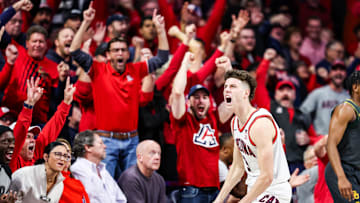 Jan 14, 2025; Tucson, Arizona, USA; Arizona Wildcats guard Anthony Dell’Orso (3) celebrates a three point shot during the first half of the game against the Baylor Bears at McKale Center. Mandatory Credit: Aryanna Frank-Imagn Images