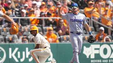 Tennessee infielder/outfielder Jay Abernathy (8) smiles after being safe at third base during a NCAA baseball game between the Tennessee Volunteers and Florida Gators at Lindsey Nelson Stadium in Knoxville, Tenn., on Sunday, March 16, 2025.