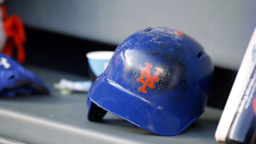 May 2, 2017; Atlanta, GA, USA; General view of New York Mets helmet in the dugout before a game against the Atlanta Braves at SunTrust Park. Mandatory Credit: Brett Davis-Imagn Images
