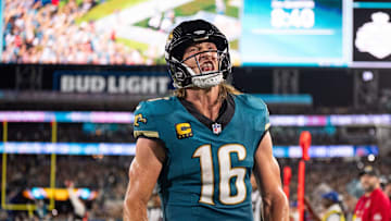 Jacksonville Jaguars quarterback Trevor Lawrence (16) celebrates his touchdown in the third quarter during a Monday Night NFL football game at EverBank Stadium, Monday, Oct. 6, 2025, in Jacksonville, Fla.