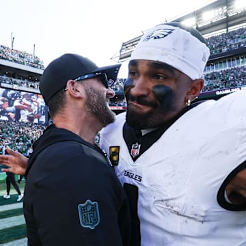 Sep 21, 2025; Philadelphia, Pennsylvania, USA; Philadelphia Eagles quarterback Jalen Hurts (1) and head coach Nick Sirianni celebrate after a victory against the Los Angeles Rams at Lincoln Financial Field. Mandatory Credit: Bill Streicher-Imagn Images