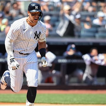 Aug 10, 2025; Bronx, New York, USA;  New York Yankees designated hitter Aaron Judge (99) reacts after flying out in the first inning against the Houston Astros at Yankee Stadium. Mandatory Credit: Wendell Cruz-Imagn Images