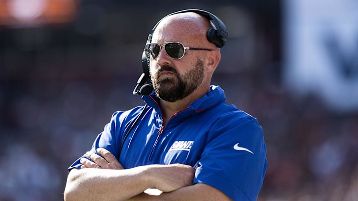 Sep 15, 2024; Landover, Maryland, USA; New York Giants head coach Brian Daboll stands on the sideline in the second half against the Washington Commanders at Commanders Field.  