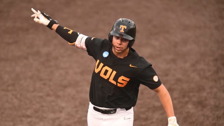 Tennessee's Dalton Bargo (16) rounds the bases after hitting a home run against Evansville during the Knoxville Super Regional of the NCAA baseball tournament on Sunday, June 9, 2024 in Knoxville, Tenn.