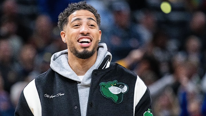 Oct 14, 2024; Indianapolis, Indiana, USA; Indiana Pacers guard Tyrese Haliburton (0) in the first half against the Memphis Grizzlies at Gainbridge Fieldhouse. Mandatory Credit: Trevor Ruszkowski-Imagn Images
