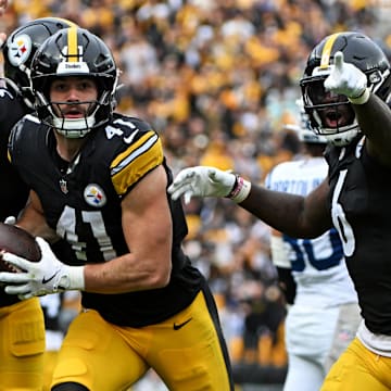 Nov 2, 2025; Pittsburgh, Pennsylvania, USA; Pittsburgh Steelers linebacker Payton Wilson (41) celebrates an interception during the first half against the Indianapolis Colts at Acrisure Stadium. Mandatory Credit: Barry Reeger-Imagn Images