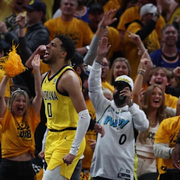 May 25, 2025; Indianapolis, Indiana, USA; Indiana Pacers guard Tyrese Haliburton (0) reacts during the second quarter against the New York Knicks during game three of the eastern conference finals for the 2025 NBA Playoffs at Gainbridge Fieldhouse. Mandatory Credit: Trevor Ruszkowski-Imagn Images
