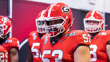 Jan 9, 2023; Inglewood, CA, USA; Georgia Bulldogs offensive lineman Dylan Fairchild (53) against the TCU Horned Frogs during the CFP national championship game at SoFi Stadium. Mandatory Credit: Mark J. Rebilas-Imagn Images