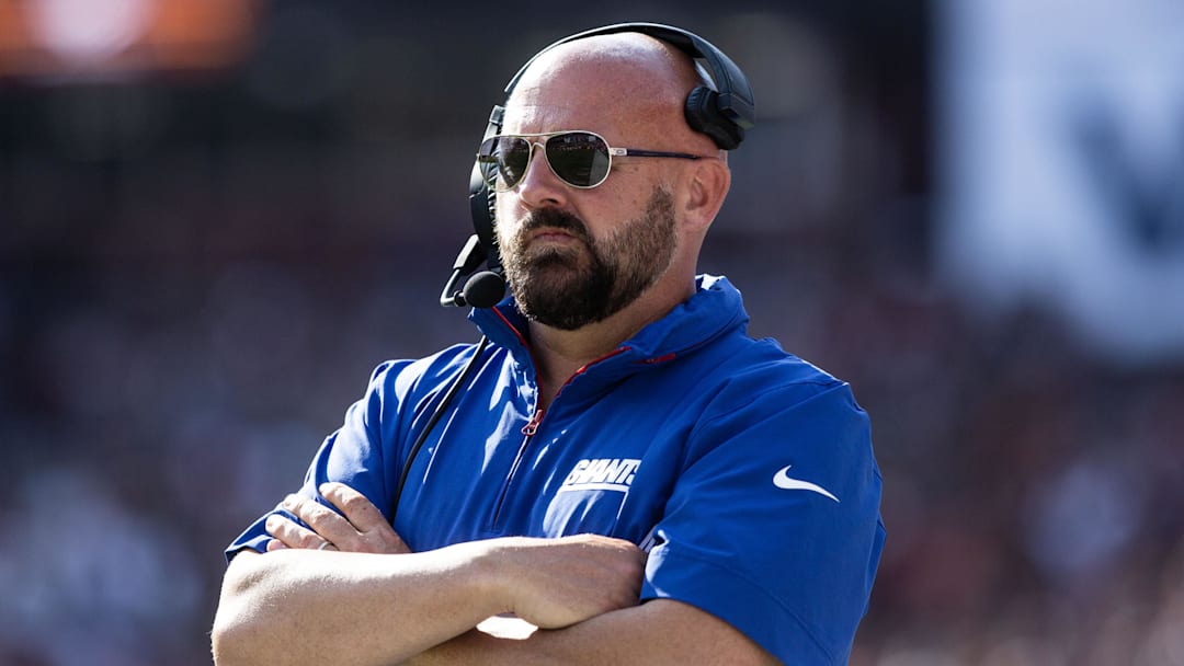 Sep 15, 2024; Landover, Maryland, USA; New York Giants head coach Brian Daboll stands on the sideline in the second half against the Washington Commanders at Commanders Field. Mandatory Credit: Luke Johnson-Imagn Images