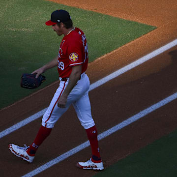Jul 25, 2025; St. Louis, Missouri, USA;  St. Louis Cardinals starting pitcher Miles Mikolas (39) walks on the field before the first inning against the San Diego Padres at Busch Stadium. Mandatory Credit: Jeff Curry-Imagn Images