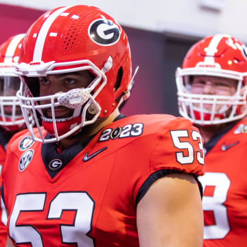 Jan 9, 2023; Inglewood, CA, USA; Georgia Bulldogs offensive lineman Dylan Fairchild (53) against the TCU Horned Frogs during the CFP national championship game at SoFi Stadium. Mandatory Credit: Mark J. Rebilas-USA TODAY Sports