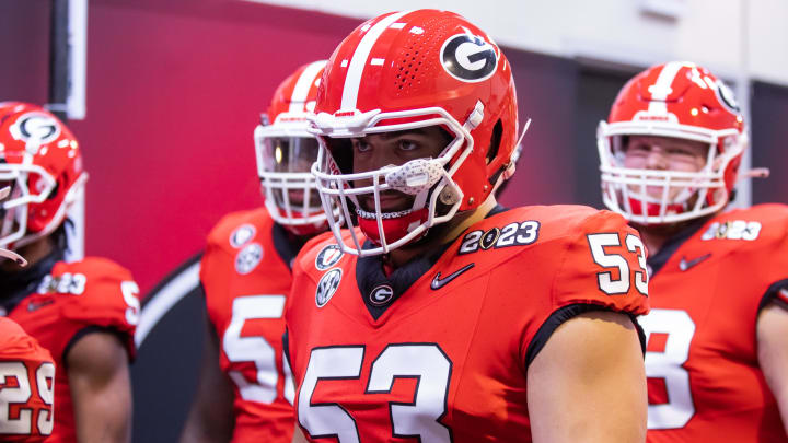 Jan 9, 2023; Inglewood, CA, USA; Georgia Bulldogs offensive lineman Dylan Fairchild (53) against the TCU Horned Frogs during the CFP national championship game at SoFi Stadium. Mandatory Credit: Mark J. Rebilas-USA TODAY Sports