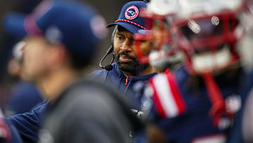 New England Patriots head coach Jerod Mayo watches from the sideline as they take on the Los Angeles Chargers at Gillette Stadium.