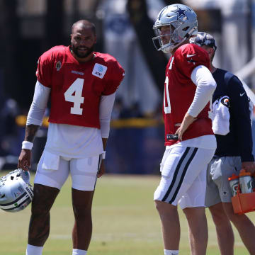 Jul 31, 2024; Oxnard, CA, USA; Dallas Cowboys quarterback Dak Prescott (4) and quarterback Cooper Rush (10) during training camp at the River Ridge Playing Fields in Oxnard, California.  