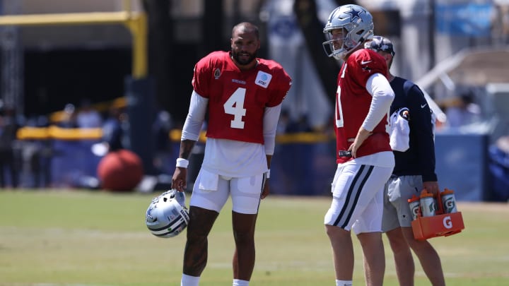 Jul 31, 2024; Oxnard, CA, USA; Dallas Cowboys quarterback Dak Prescott (4) and quarterback Cooper Rush (10) during training camp at the River Ridge Playing Fields in Oxnard, California.  