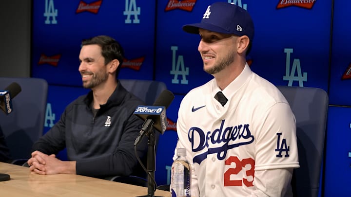Los Angeles Dodgers general manager Brandon Gomes with newly signed right fielder Kyle Tucker.