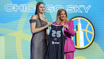 Apr 14, 2025; New York, New York, USA; Ajsa Sivka poses with WNBA commissioner Cathy Engelbert after being selected with the number ten overall pick to the Chicago Sky in the 2025 WNBA Draft at The Shed at Hudson Yards. Mandatory Credit: Vincent Carchietta-Imagn Images