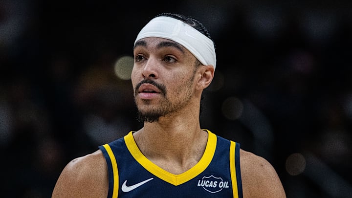 Indiana Pacers guard Andrew Nembhard (2) in the first half against the Atlanta Hawks at Gainbridge Fieldhouse.