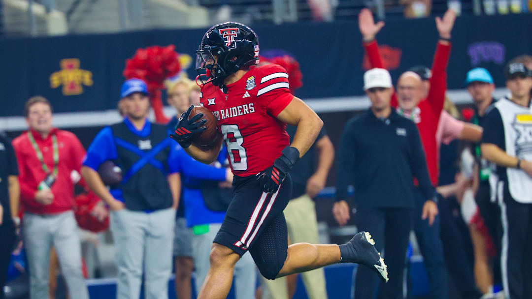 Dec 6, 2025; Arlington, TX, USA; Texas Tech Red Raiders running back Cameron Dickey (8) runs for a touchdown during the second half against the BYU Cougars  at AT&T Stadium. Mandatory Credit: Kevin Jairaj-Imagn Images