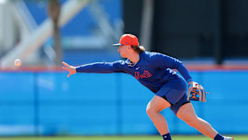 Feb 12, 2025; Port St. Lucie, FL, USA; New York Mets shortstop Jett Williams (90) plays his position during a Spring Training workout at Clover Park. Mandatory Credit: Sam Navarro-Imagn Images