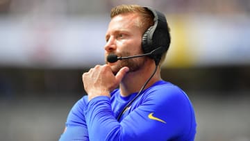 Aug 11, 2024; Inglewood, California, USA; Los Angeles Rams head coach Sean McVay watches game action against the Dallas Cowboys during the first half at SoFi Stadium.