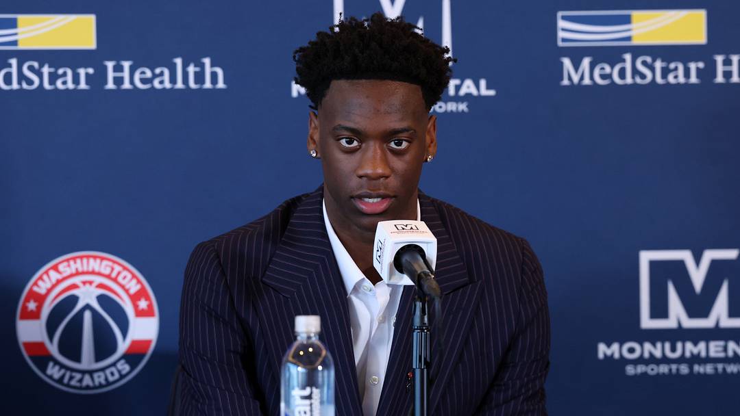 Jun 25, 2026; Washington, DC, USA; Washington Wizards first round draft pick and number one overall pick AJ Dybantsa speaks to the media during a press conference at InterContinental Hotel. Mandatory Credit: Amber Searls-Imagn Images