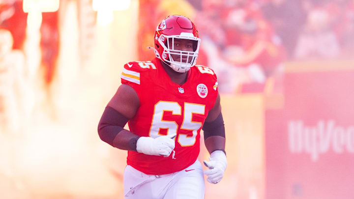 Jan 26, 2025; Kansas City, MO, USA; Kansas City Chiefs guard Trey Smith (65) against the Buffalo Bills in the AFC Championship game at GEHA Field at Arrowhead Stadium. Mandatory Credit: Mark J. Rebilas-Imagn Images