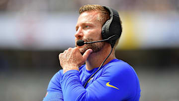 Aug 11, 2024; Inglewood, California, USA; Los Angeles Rams head coach Sean McVay watches game action against the Dallas Cowboys during the first half at SoFi Stadium. Mandatory Credit: Gary A. Vasquez-USA TODAY Sports