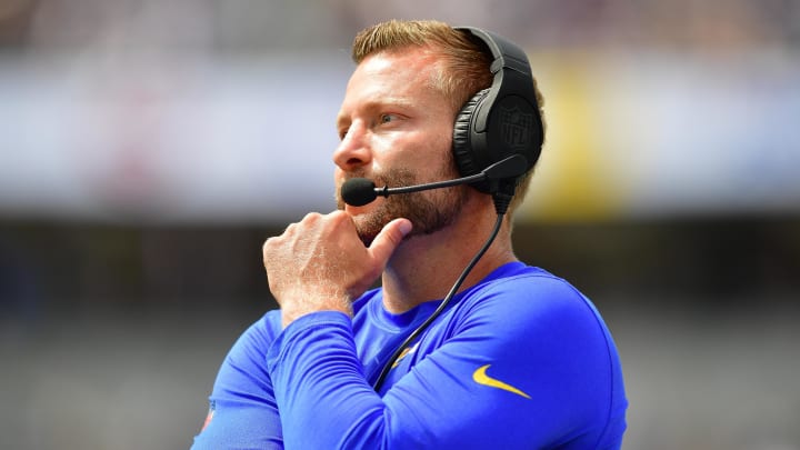 Aug 11, 2024; Inglewood, California, USA; Los Angeles Rams head coach Sean McVay watches game action against the Dallas Cowboys during the first half at SoFi Stadium. Mandatory Credit: Gary A. Vasquez-USA TODAY Sports