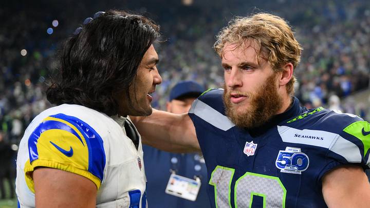 Seattle Seahawks wide receiver Cooper Kupp (10) and Los Angeles Rams wide receiver Puka Nacua (12)