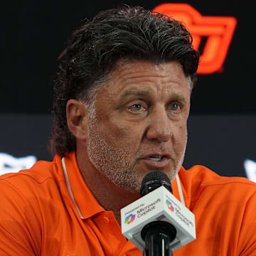 Jul 9, 2025; Frisco, TX, USA; Oklahoma State head coach Mike Gundy speaks with the media during 2025 Big 12 Football Media Days at The Star. Mandatory Credit: Raymond Carlin III-Imagn Images