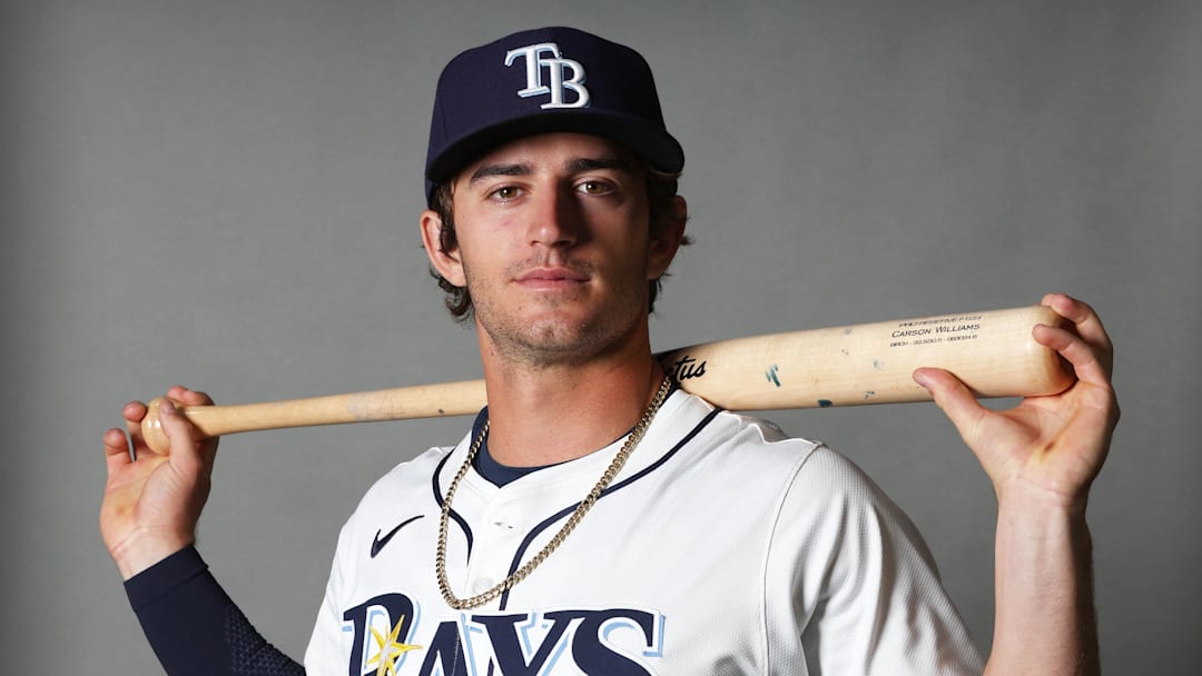 Tampa Bay Rays infielder Carson Williams (65)  poses for a photo during media day.