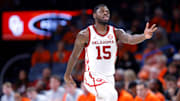 Oklahoma Sooners guard Duke Miles (15) celebrates during a men's college Bedlam basketball game between the University of Oklahoma Sooners (OU) and the Oklahoma State University Cowboys (OSU) at Paycom Center in Oklahoma City, Saturday, Dec. 14, 2024. Oklahoma won 80-65.