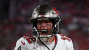 Jan 16, 2023; Tampa, Florida, USA; Tampa Bay Buccaneers quarterback Tom Brady (12) reacts before the