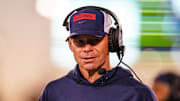 Oct 26, 2024; East Hartford, Connecticut, USA;  Connecticut Huskies head coach Jim Mora watches from the sideline as they take on the Rice Owls at Rentschler Field at Pratt & Whitney Stadium. Mandatory Credit: David Butler II-Imagn Images