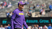 Sep 8, 2024; East Rutherford, New Jersey, USA; Minnesota Vikings head coach Kevin O'Connell looks on before the game against the New York Giants at MetLife Stadium. Mandatory Credit: Vincent Carchietta-Imagn Images