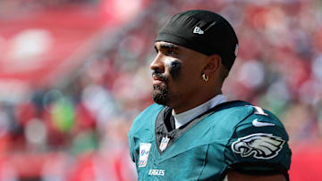 Sep 29, 2024; Tampa, Florida, USA; Philadelphia Eagles quarterback Jalen Hurts (1) looks on against the Tampa Bay Buccaneers during the second half at Raymond James Stadium. Mandatory Credit: Kim Klement Neitzel-Imagn Images