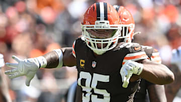 Sep 7, 2025; Cleveland, Ohio, USA; Cleveland Browns defensive end Myles Garrett (95) celebrates a sack against the Cincinnati Bengals during the fourth quarter at Huntington Bank Field. Mandatory Credit: Ken Blaze-Imagn Images