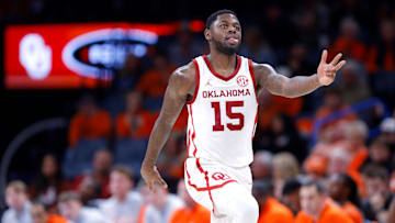 Oklahoma Sooners guard Duke Miles (15) celebrates during a men's college Bedlam basketball game between the University of Oklahoma Sooners (OU) and the Oklahoma State University Cowboys (OSU) at Paycom Center in Oklahoma City, Saturday, Dec. 14, 2024. Oklahoma won 80-65.