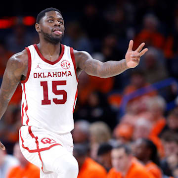 Oklahoma Sooners guard Duke Miles (15) celebrates during a men's college Bedlam basketball game between the University of Oklahoma Sooners (OU) and the Oklahoma State University Cowboys (OSU) at Paycom Center in Oklahoma City, Saturday, Dec. 14, 2024. Oklahoma won 80-65.