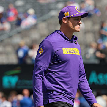 Sep 8, 2024; East Rutherford, New Jersey, USA; Minnesota Vikings head coach Kevin O'Connell looks on before the game against the New York Giants at MetLife Stadium. Mandatory Credit: Vincent Carchietta-Imagn Images