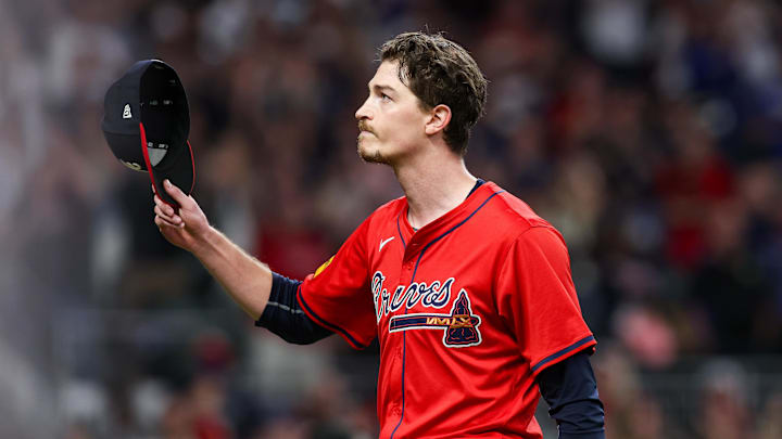 Sep 27, 2024; Atlanta, Georgia, USA; Atlanta Braves starting pitcher Max Fried (54) tips his hat to the crowd after being removed from a game against the Kansas City Royals in the ninth inning at Truist Park. Mandatory Credit: Brett Davis-Imagn Images