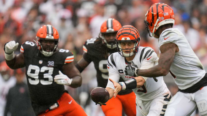 Cincinnati Bengals quarterback Joe Burrow (9) pitches out to Cincinnati Bengals wide receiver Ja'Marr Chase (1) in the third quarter of the NFL Week 1 game between the Cleveland Browns and the Cincinnati Bengals at FirstEnergy Stadium in downtown Cleveland on Sunday, Sept. 10, 2023. The Browns dealt the Bengals a 24-3 loss to begin the season.