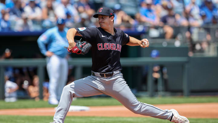 Jun 30, 2024; Kansas City, Missouri, USA; Cleveland Guardians pitcher Logan Allen (41) pitches during the first inning against the Kansas City Royals at Kauffman Stadium. Mandatory Credit: William Purnell-USA TODAY Sports