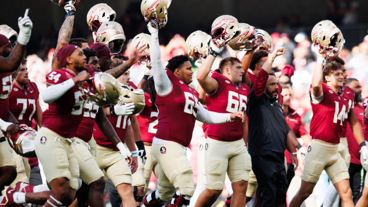 Aug 24, 2024; Dublin, IRL; Florida State University players ahead of the game against Georgia Tech at Aviva Stadium. Mandatory Credit: Tom Maher/INPHO via USA TODAY Sports