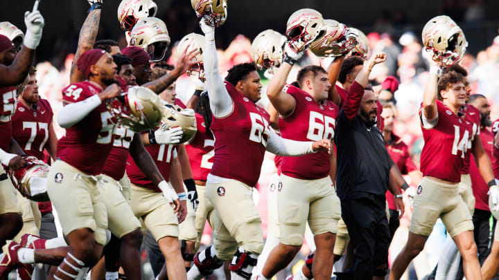 Aug 24, 2024; Dublin, IRL; Florida State University players ahead of the game against Georgia Tech at Aviva Stadium. Mandatory Credit: Tom Maher/INPHO via USA TODAY Sports